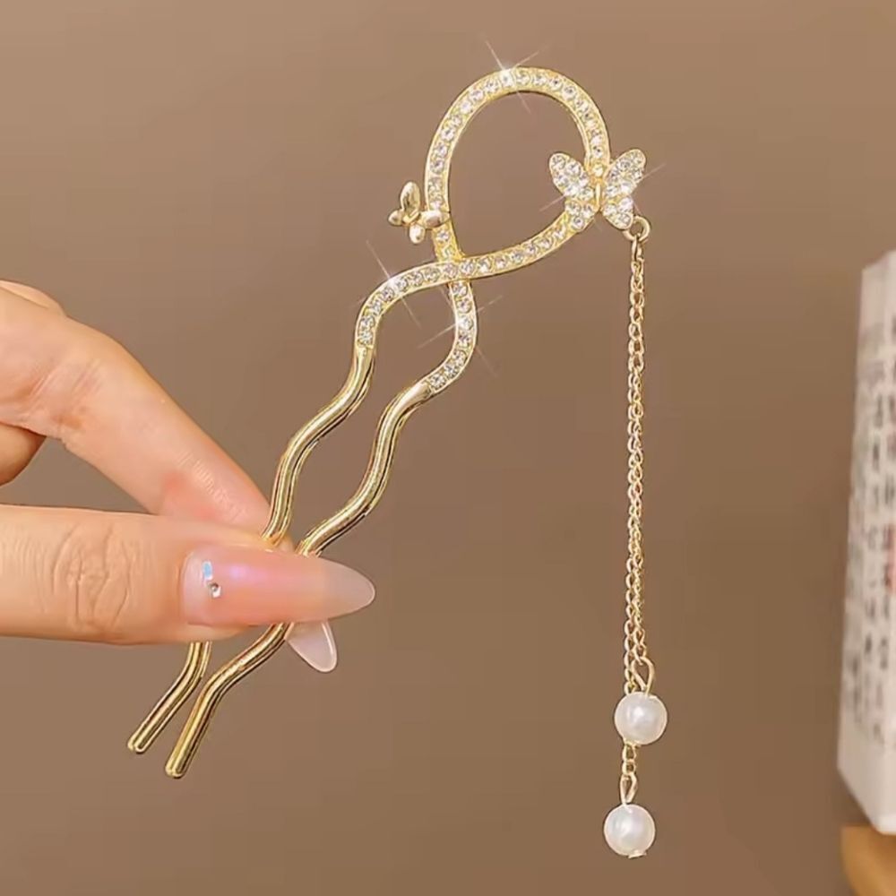 Brand New Gold Tone Butterflies Rhinestone Pearl Hair Pin